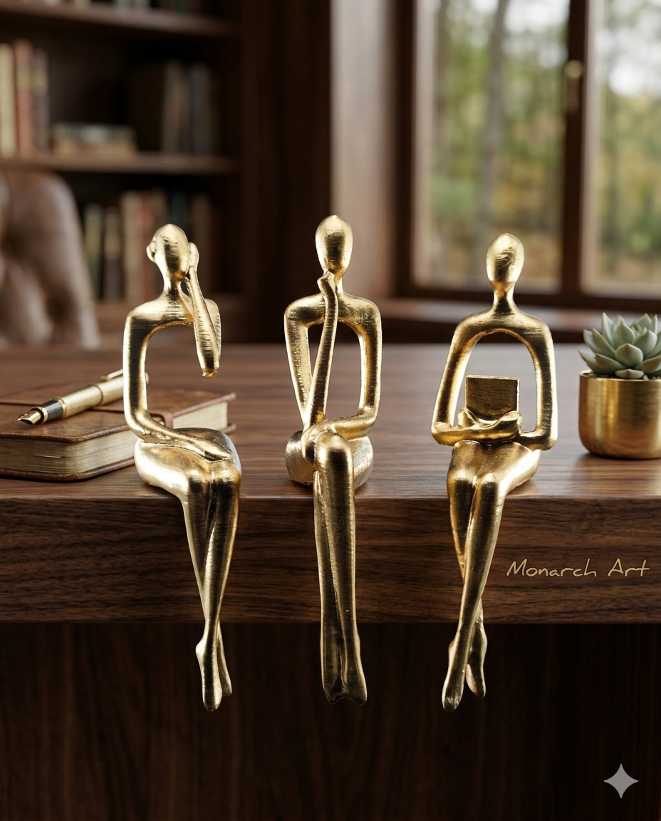 3’lü Entelektüel Figür Seti - Düşünen, Kitap Okuyan ve Müzik Dinleyen Gold Biblo - Modern Ev ve Ofis Dekorasyon Objesi (10 Cm)