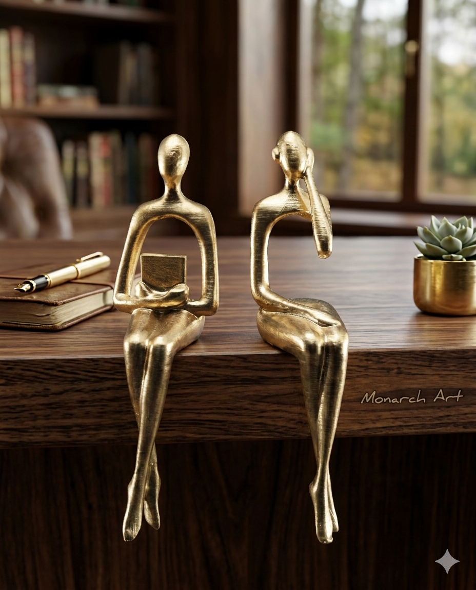 3’lü Entelektüel Figür Seti - Düşünen, Kitap Okuyan ve Müzik Dinleyen Gold Biblo - Modern Ev ve Ofis Dekorasyon Objesi (10 Cm)