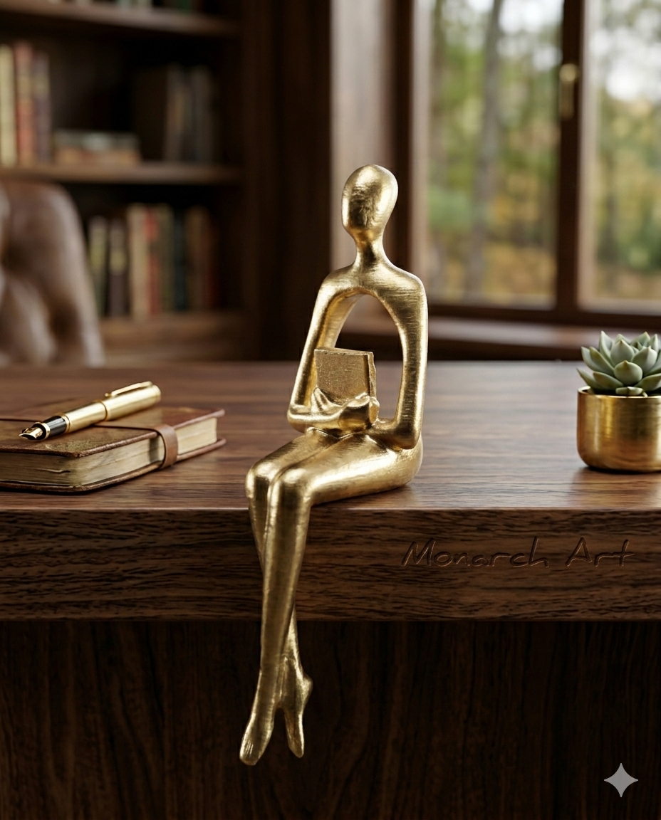 3’lü Entelektüel Figür Seti - Düşünen, Kitap Okuyan ve Müzik Dinleyen Gold Biblo - Modern Ev ve Ofis Dekorasyon Objesi (10 Cm)