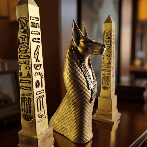 Anubis Heykeli ve Mısır Obelisk Seti - Antik Mısır Dekoru & Biblo
