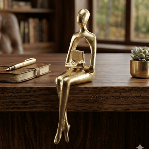 3’lü Entelektüel Figür Seti - Düşünen, Kitap Okuyan ve Müzik Dinleyen Gold Biblo - Modern Ev ve Ofis Dekorasyon Objesi (12 Cm)